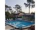Community pool area with lounge chairs, landscaping, and the American flag in the background at 113 Nina Way # 113, Oldsmar, FL 34677