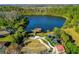 The aerial view showcases a community park with a playground, pier, and a serene lake backdrop at 19123 Sunset Bay Dr, Land O Lakes, FL 34638