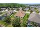 An elevated view shows the home's backyard, mature landscaping, and a lush green lawn at 19123 Sunset Bay Dr, Land O Lakes, FL 34638