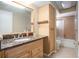 A bathroom featuring a granite countertop, wood vanity and mirror, and a combined bathtub and shower at 2599 Dolly Bay Dr # 209, Palm Harbor, FL 34684