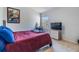 A bedroom featuring a queen bed, a large movie poster, a TV, and a window at 3621 Country Pointe Pl, Palm Harbor, FL 34684