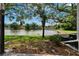 Serene backyard view featuring a pond, lush greenery, and a shade tree at 3821 N Oak Dr # J31, Tampa, FL 33611