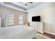 Bright bedroom with a mounted television, tray ceiling, and natural light from two windows at 11109 Great Neck Rd, Riverview, FL 33578