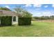 Expansive backyard with green grass, tall hedges, and a decorative trellis leading to the lawn at 18241 Autumn Lake Blvd, Hudson, FL 34667
