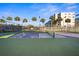 The pickleball court is surrounded by palm trees and a building in the background at the community at 5950 Pelican Bay S Plz # 603, Gulfport, FL 33707