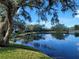 Picturesque view of the pond reflecting the blue sky, trees, and surrounding buildings at 601 N Keene Rd # P9, Clearwater, FL 33755