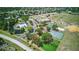 This aerial view showcases the outdoor amenities of the community: a pool, sports fields, and picturesque landscaping at 13122 Prestwick Dr, Riverview, FL 33579