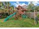 Backyard with a fun wooden playhouse featuring a slide, climbing wall, and swings for outdoor entertainment at 138 17Th N Ave, St Petersburg, FL 33704