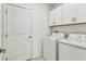 Functional laundry room features modern appliances, white cabinetry and door, and practical design at 22229 Storybook Cabin Way, Land O Lakes, FL 34637