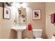 Neutral-toned powder room featuring pedestal sink, framed mirror, and toilet with decorative accents at 2837 Bayshore Trails Dr, Tampa, FL 33611