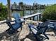 Waterfront outdoor seating area with blue Adirondack chairs and private dock with boat lift at 7912 Causeway S Blvd, St Petersburg, FL 33707