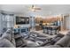Open concept living area with plush seating, a modern TV, and kitchen bar seating at 8247 Westhaven Dr, Land O Lakes, FL 34638