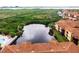 Aerial view of the community, featuring a lake, nearby pool, and lush greenery at 4323 Bayside Village Dr # 229, Tampa, FL 33615