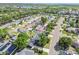 An aerial view showcases a neighborhood with homes, mature trees, a canal, and a distant view of the water at 5907 Tampa Shores Blvd, Tampa, FL 33615