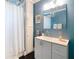 Stylish bathroom with vanity cabinet, shower with curtain, and blue walls at 714 W Peninsular St, Tampa, FL 33603