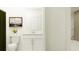 Modern bathroom features a white vanity, mirror, decorative painting, and neutral tones at 8108 Painted Sky Pl, Land O Lakes, FL 34637