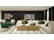 Spacious living room with a large white sectional sofa, green accents, and unique wall decor at 8108 Painted Sky Pl, Land O Lakes, FL 34637