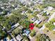 Aerial view of the property with a red pin, showcasing its location in a residential area at 2700 56Th S St, Gulfport, FL 33707