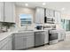 Well-lit kitchen with stainless steel appliances, gray cabinets, and a view from the window at 728 Pruitt Dr, Madeira Beach, FL 33708