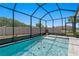 Beautiful pool with clear water and lush landscaping, enclosed by a black screen at 1044 Manzanar Pl, Wesley Chapel, FL 33543