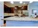 Modern kitchen with granite counters, stainless steel appliances, and stylish dark cabinetry with a decorative backsplash at 13217 Canopy Creek Dr, Tampa, FL 33625