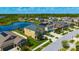New homes surround a pond in this aerial view of a Gathering-friendly neighborhood at 21832 Crest Meadow Dr, Land O Lakes, FL 34637
