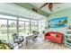 Bright sun room with a lake view, a colorful painting and seating area at 2401 Richmond Greens Ct, Sun City Center, FL 33573