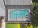 Aerial view of a screened-in pool with a spa, surrounded by a paved deck and lush landscaping at 3612 Sugar Loaf Ln, Valrico, FL 33596
