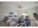 Decorated living room showcasing stylish furniture, a patterned rug, and natural light from the sliding glass door at 1506 Climbing Dayflower Dr, Ruskin, FL 33570