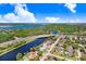 Wide aerial view showing neighborhood homes with waterfront access on a scenic river at 10790 92Nd St, Seminole, FL 33777
