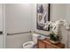 Well-lit bathroom with a toilet, grab bars, decorative artwork, and a stylish wooden cabinet with plants for accessibility and comfort at 1797 Trailhead Ln, Zephyrhills, FL 33541