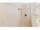 Walk-in shower featuring tile surround, a glass block partition, and handheld shower fixture at 18502 Keystone Manor Rd, Odessa, FL 33556