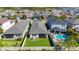 Aerial view of a home showcasing the well-maintained lawn, screened lanai, and inviting backyard swimming pool at 5415 Los Robles Ct, Palmetto, FL 34221
