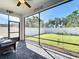 Relaxing screened patio with ceiling fan overlooks the well-maintained, fully fenced backyard at 5415 Los Robles Ct, Palmetto, FL 34221