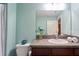 A bathroom featuring a vanity with granite countertops, a sink, and a decorative vase of flowers at 9736 Sage Creek Dr, Ruskin, FL 33573