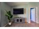 Bright living room featuring a TV, stylish console, large potted plant, and neutral walls at 9736 Sage Creek Dr, Ruskin, FL 33573
