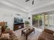 Cozy living room with a fireplace, a large TV, comfortable seating, and access to the patio at 14198 Thoroughbred Dr, Dade City, FL 33525