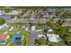 Aerial view of neighborhood with lush landscaping, sidewalks, and mature trees at 14296 Pullman Dr, Spring Hill, FL 34609