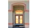 Detailed view of the front door with decorative glass inserts and modern hardware at 14296 Pullman Dr, Spring Hill, FL 34609