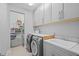 Spacious laundry room with modern washer/dryer, folding counter, and shelving at 28355 Picana, Wesley Chapel, FL 33543