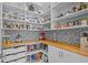 Walk-in pantry features custom black and white backsplash, wood countertops, and ample shelving at 28355 Picana, Wesley Chapel, FL 33543
