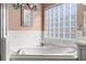 Bathroom with a corner tub, glass block window, and peach-colored walls at 29408 Princeville Dr, San Antonio, FL 33576
