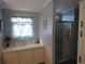 Bathroom showcasing a vanity cabinet and sink, with a shower equipped with safety handles, ensuring accessibility at 3114 Briar St. St, Wesley Chapel, FL 33543