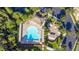 Aerial view of a community pool and playground surrounded by lush trees at 32203 Wenlock Loop, Wesley Chapel, FL 33543