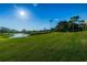 Wide backyard featuring a pond and lush green grass on a sunny day at 36750 Us 19 N Hwy # 18-210, Palm Harbor, FL 34684
