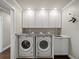 Laundry room with white cabinets, stainless steel counters, washer, dryer and wash basin at 2087 Edgewater Dr # C, Clearwater, FL 33755