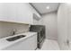 Modern laundry room with white cabinetry, sleek countertops, and gray washer/dryer at 3604 W El Prado Blvd, Tampa, FL 33629