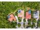 Aerial view showcasing homes with private pools surrounded by lush greenery in a neighborhood at 5004 Waterkey Way, Tampa, FL 33647
