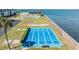 Blue shuffleboard court with building, palm trees, and bay in background at 9 Forbes Pl # 504, Dunedin, FL 34698