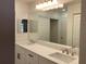 Bathroom featuring double sinks with modern fixtures, a large mirror, and a closet at 1151 Dockside Dr, Lutz, FL 33559